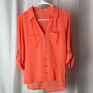 W5 Coral Button-Down Blouse with Roll-Tab Sleeves